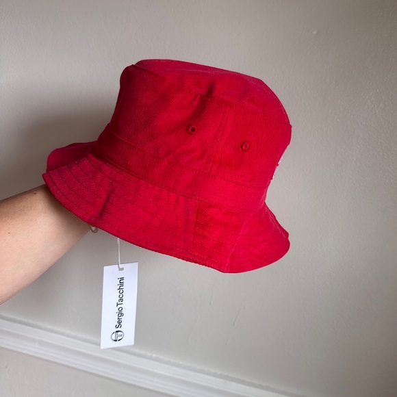 Sergio Tacchini Bucket Hat Tango Red Embroidered ST Logo Corduroy Retro Festival - Picture 4 of 14